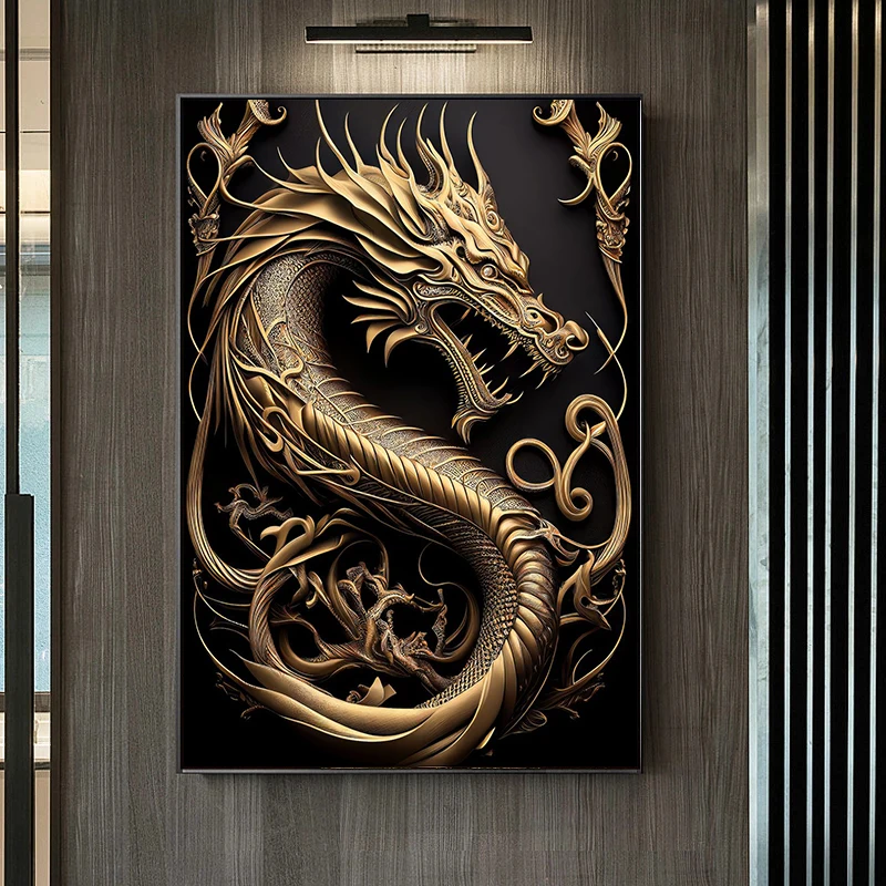 Canvas Wall Art Painting The Mighty Gold Dragon Canvas Posters and Prints Pictures for Modern Living Room Decoration Painting