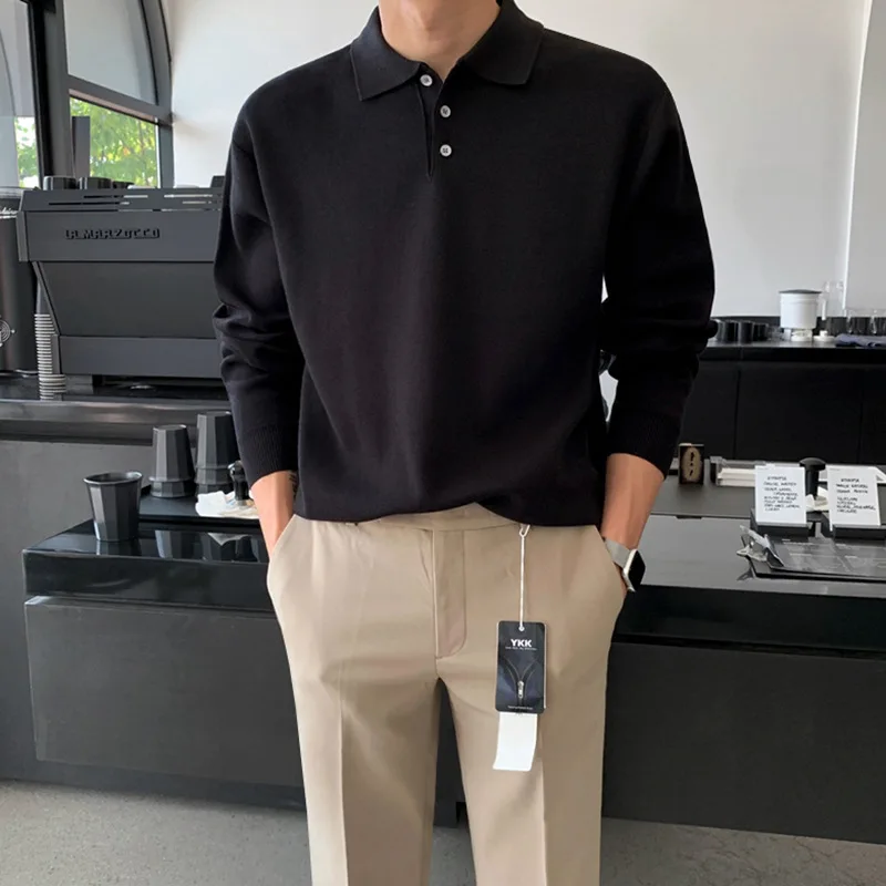 Herfst Koreaanse stijl heren effen kleur turn-down kraag lange mouw knop casual trendy eenvoudige basic truien mannelijke kleding tops