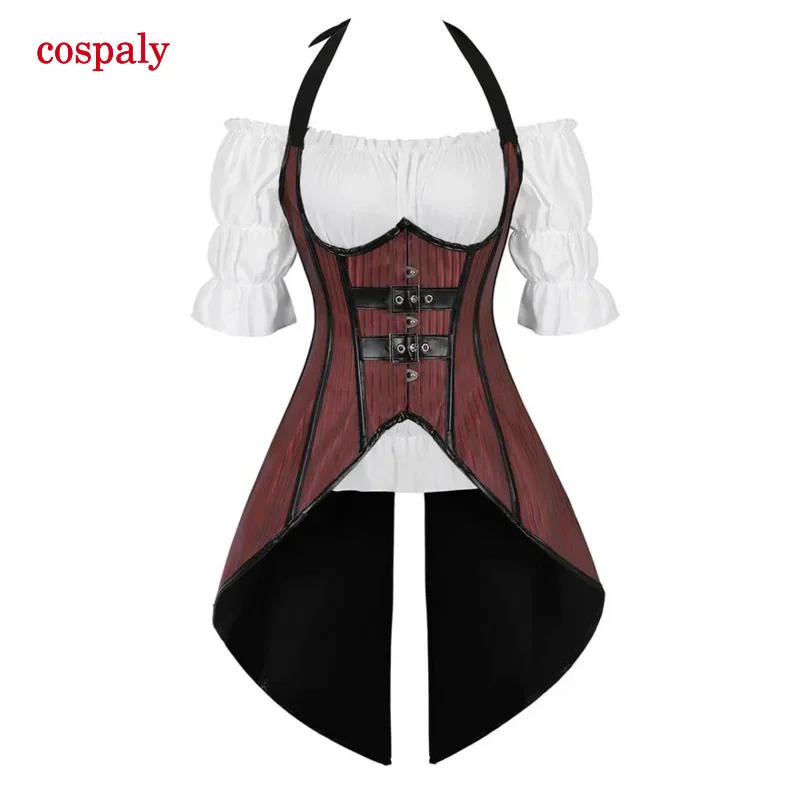 Steampunk Corset Striped Long Straps Bustier Vest Top With White Gothic Blouse Plus Size Burlesque Costume Korsett