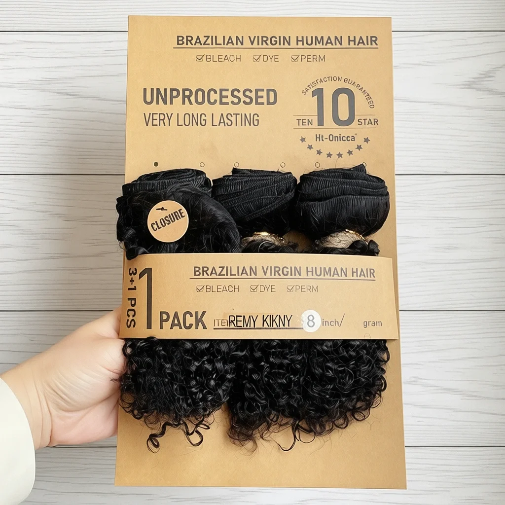 Rambut Keriting Kinky Bundel Rambut Asli Brasil Tanpa Proses Kimia Dengan Closure Warna Alami Ekstensi Rambut Manusia