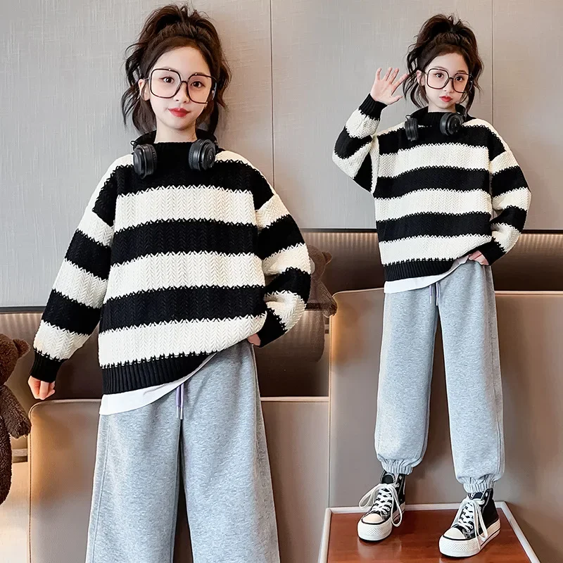 

Korean Autumn Winter Children Girl Pullover Teenager Girl Wheat Jacquard Stripe Knitted Sweater School Girl Knitwears Tops