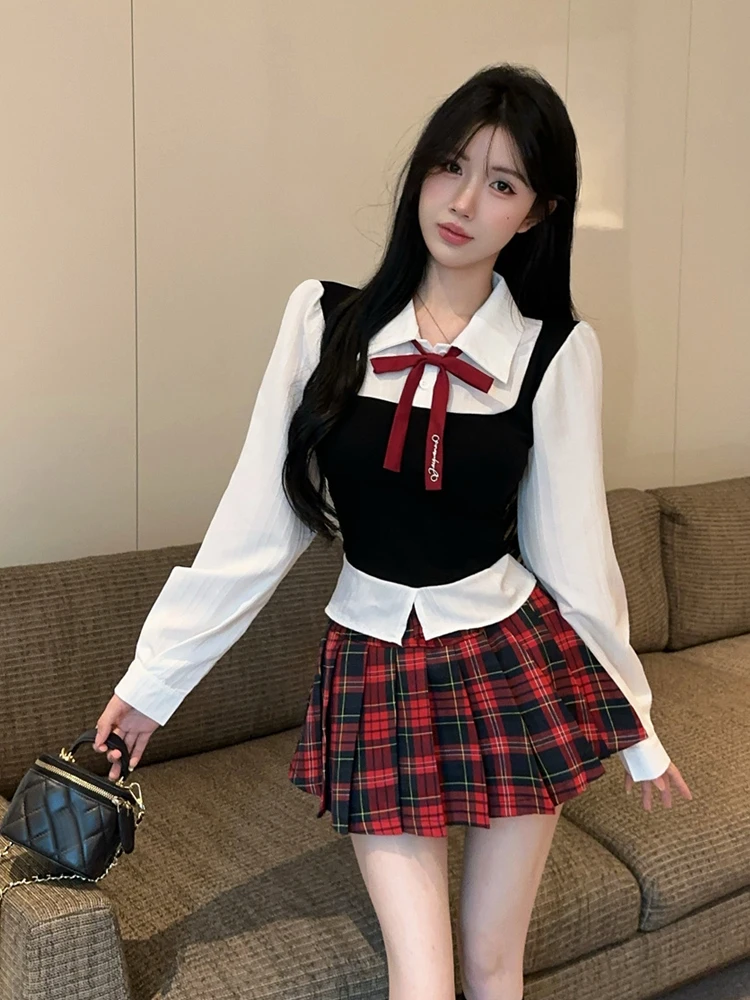 Sweet And Spicy College Style Fashionable Long Sleeve Plaid Shirt And Skirt Set Women's Autumn Casual Slim Fit Two-Piece Outfit