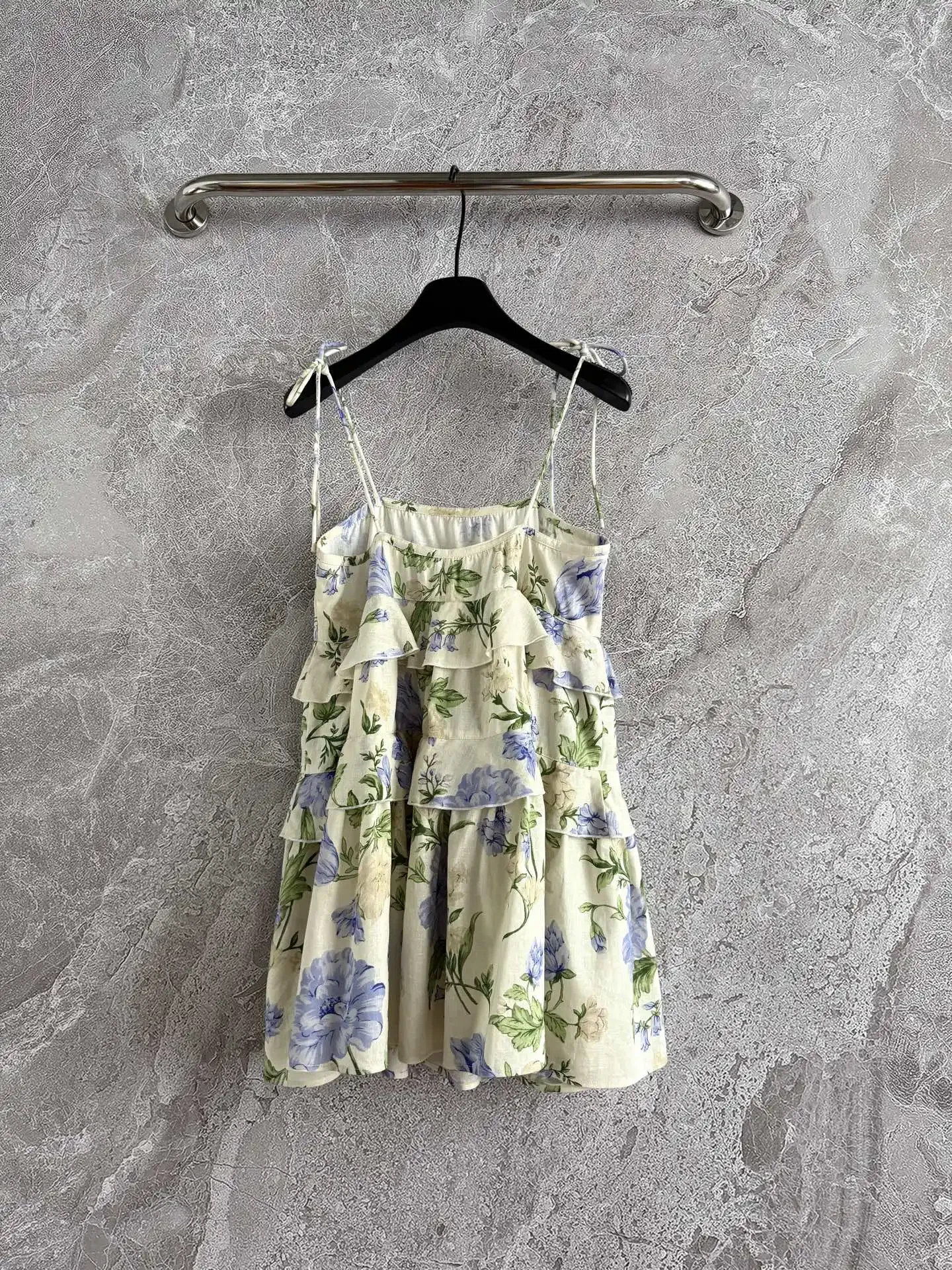 Flor impressão feminina estilingue boneca vestido babados em camadas gola quadrada sem mangas doce feminino linho mini robe