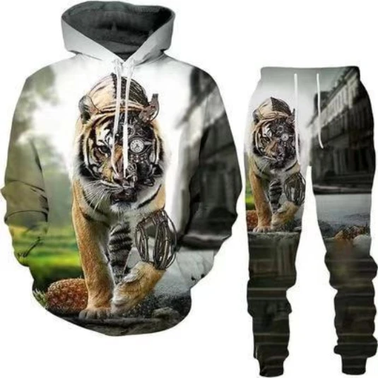 Animal 3D Lion Tiger Printed Hoodie + Pants Suit Cool Men/Women 2 Pcs Sportwear Tracksuit Set Autumn and Winter Men's Clothing