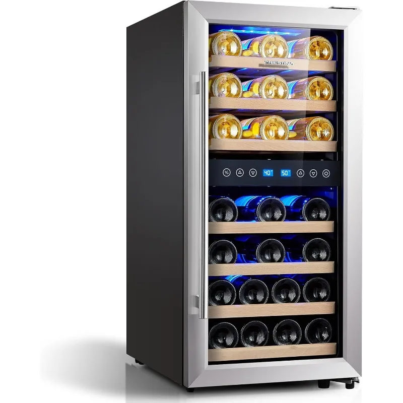 Phiestina Wine Cooler Refrigerator 16 inch Wine Refrigerator 33 Bottles Dual Zones Mini Wine Fridge Auto Defrost Temperature