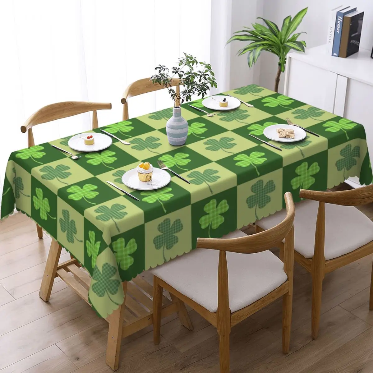 Custom Rectangular Waterproof Four Leaf Clover Checkerboard Shamrock Table Cover Blessing Lucky Saint Patrick Day Table Cloth