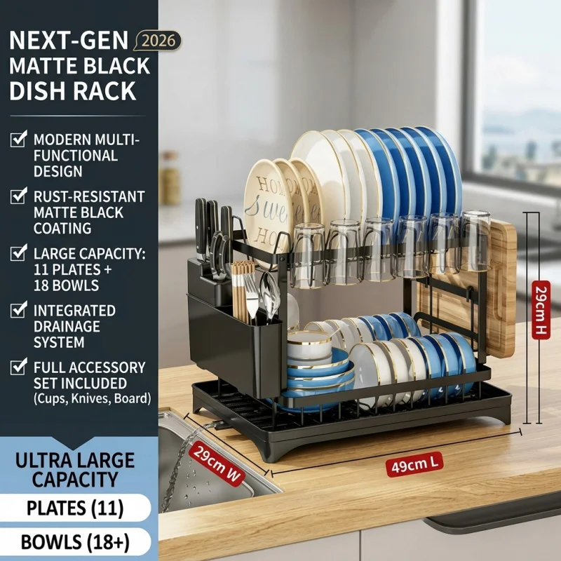 

Сушилка для посуды на столешницу 2026 года, черная, с дренажом и подставкой для чашек, ножей и палочек, современный дизайн