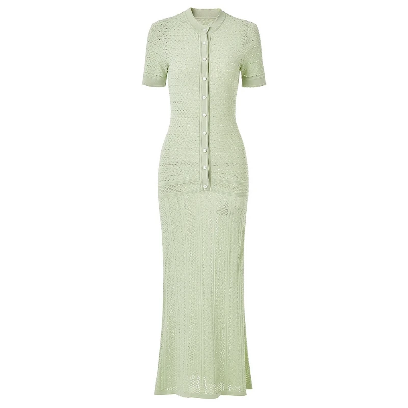 

Fashion Women's Knitted Hollow Out Dress O-Neck Short Sleeve Single Breasted Long Dresses 2025 Summer Elegant Office Lady