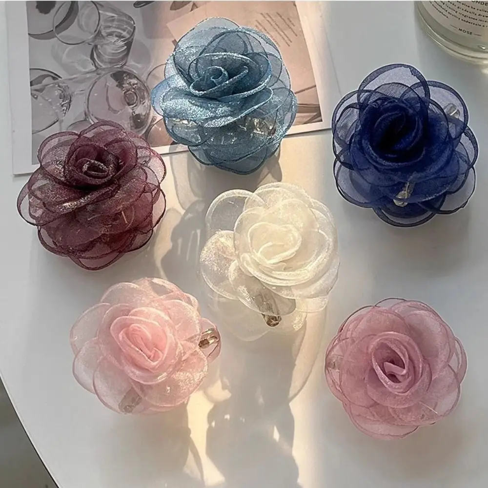 

Cute Cloth Simulation Flower Hair Claw French Style Mesh Camellia Shark Clip Side Clip Headwear Flower Claw Clip Summer