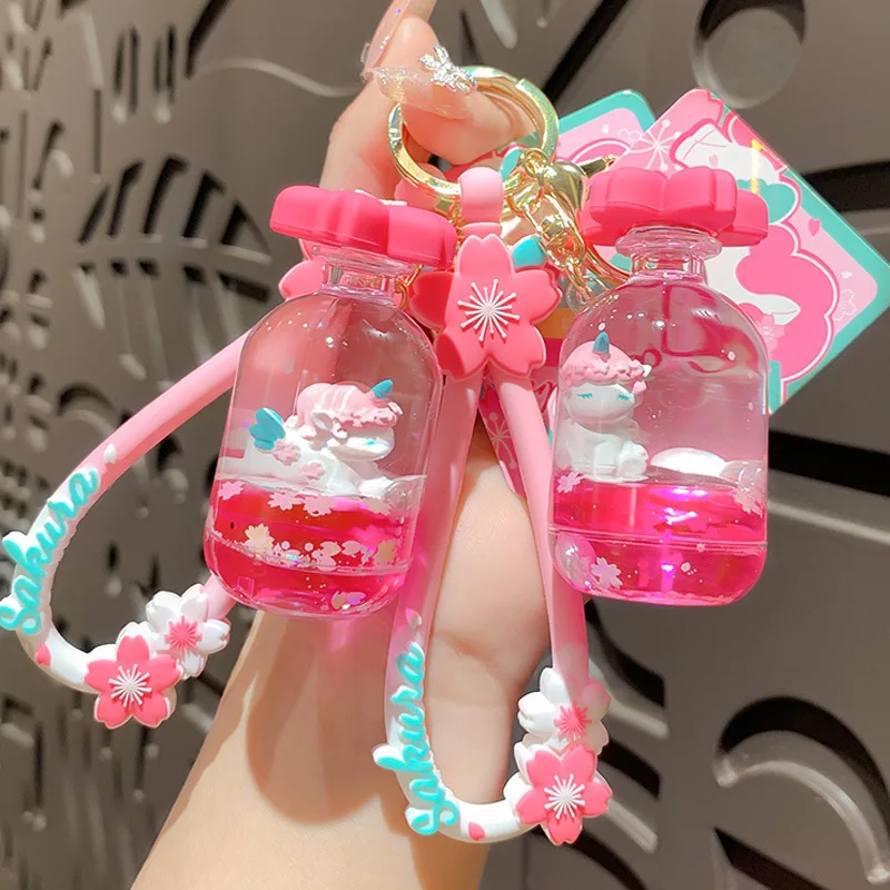 Dream Rotating Cherry Blossom Liquid Keychains Cartoon Unicorn Floating Quicksand Drift Bottle Keyfob Women Car Bag Pendant Gift