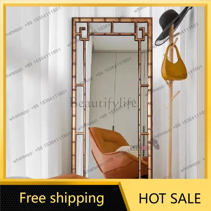 LS retro floor-to-ceiling full-body mirror French medieval home living room entrance bamboo fitting mirror