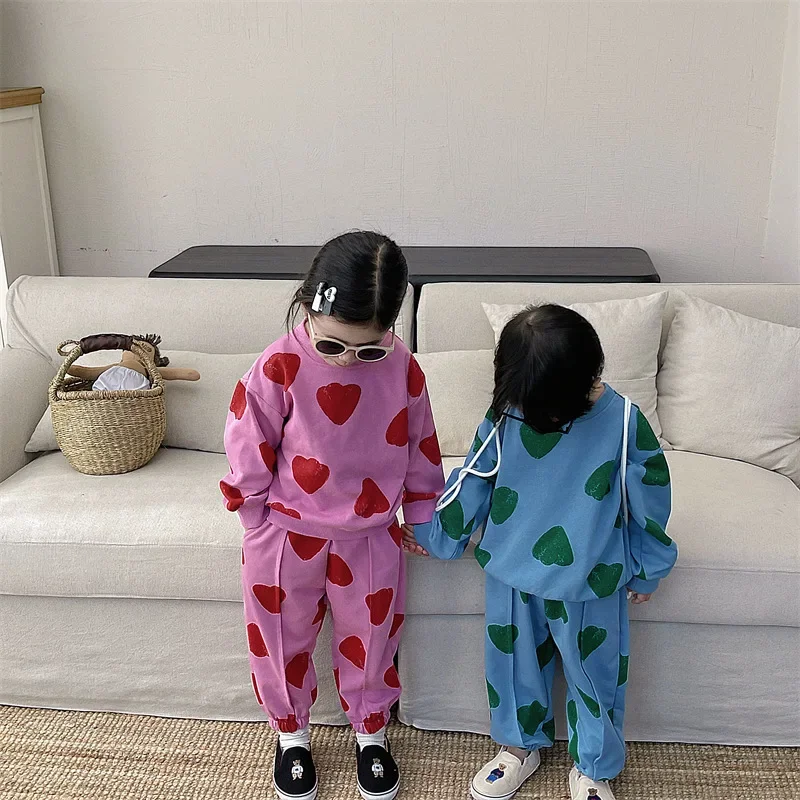 Sister-Brother Clothes 2023 Autumn Boys and Girls Korean Style Full Printed Love Sweatshirt and Sweatpants Siblings Costume Suit