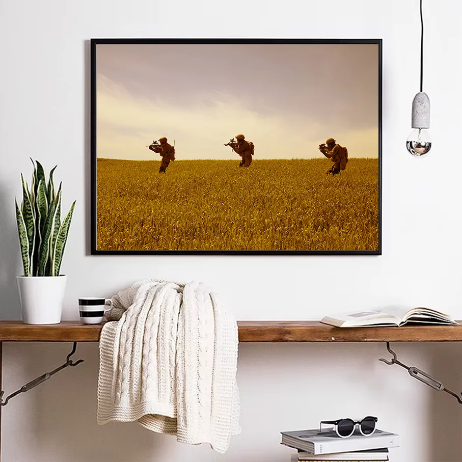 Three Soldiers Taking Photos in Golden Wheat Field Canvas Wall Art Picture Frame Living Room Home Decor Poster