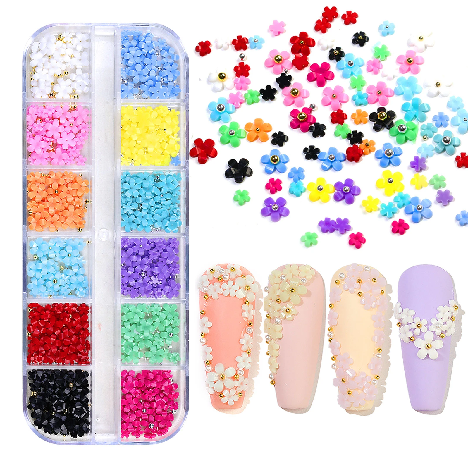 12 Grids 3D Acrylic Flower Nail Parts Decoration Mixed Steel Beads Gems Charms Kawaii Nail Supplies For Professional Accessories