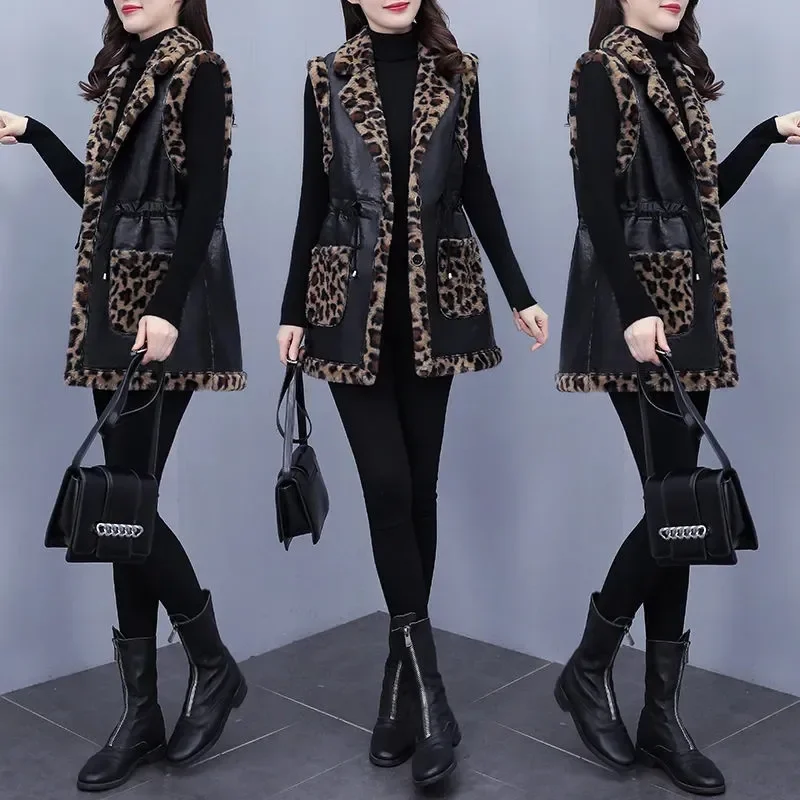 High-End Design Rabbit Plush Leopard Vest Female Autumn Winter Women\'s Leather Waistcoat Jacket Mid-Length Thick Faux Fur Coat