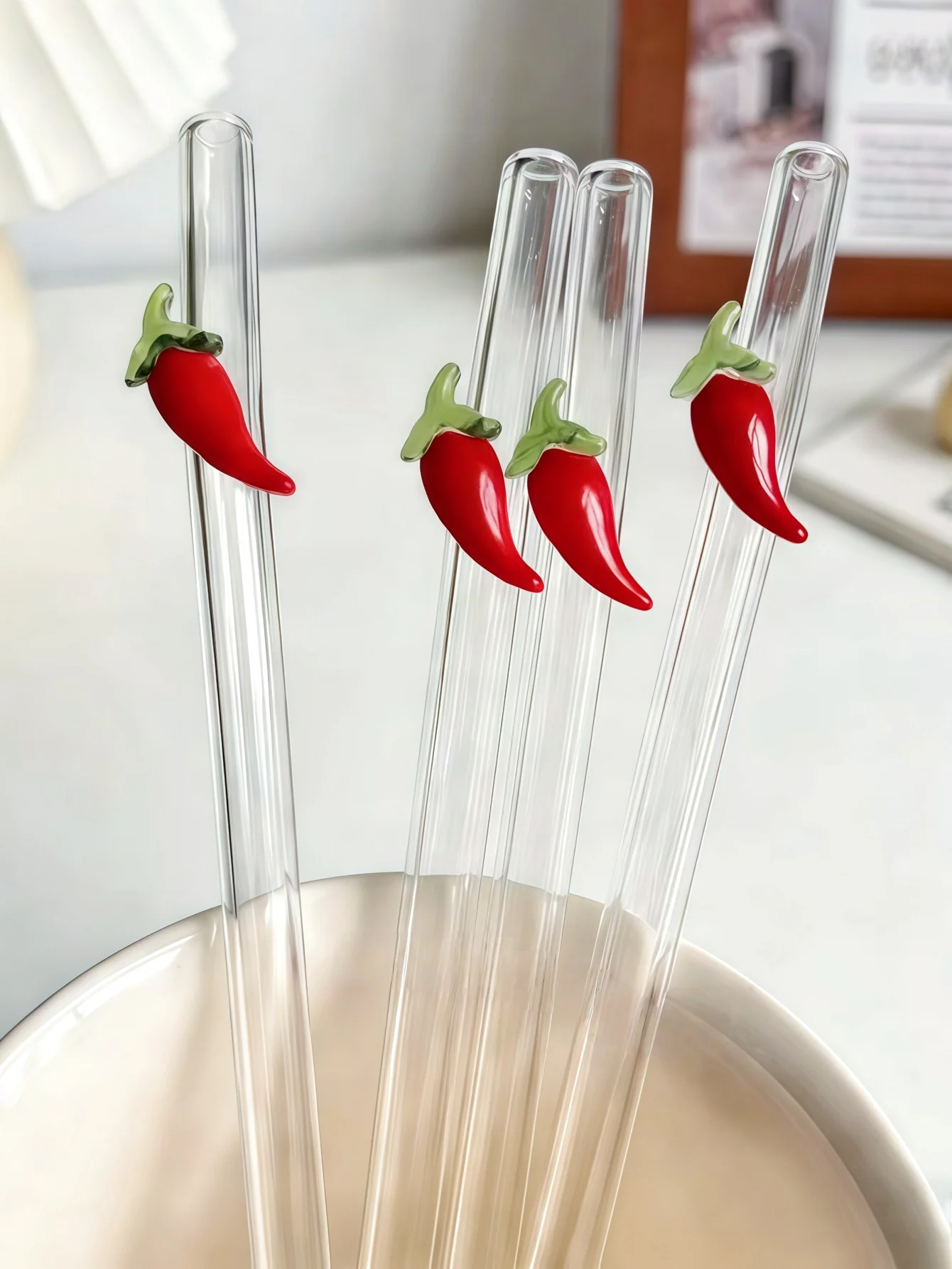 1/4/7PCS Chili Pepper Glass Straw, Bendy Spicy Theme Straws for Juice, Coffee, Tea & Drinks, Fun Barware for Parties & Daily Use