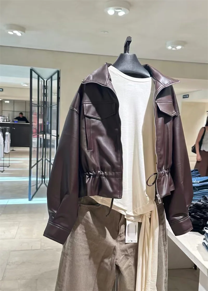 Guobioziy 2026 Fall/Winter New Women's Jacket Long-Sleeve Drawstring Waist Faux Leather Biker Jacket Parka Trendy and Stylish