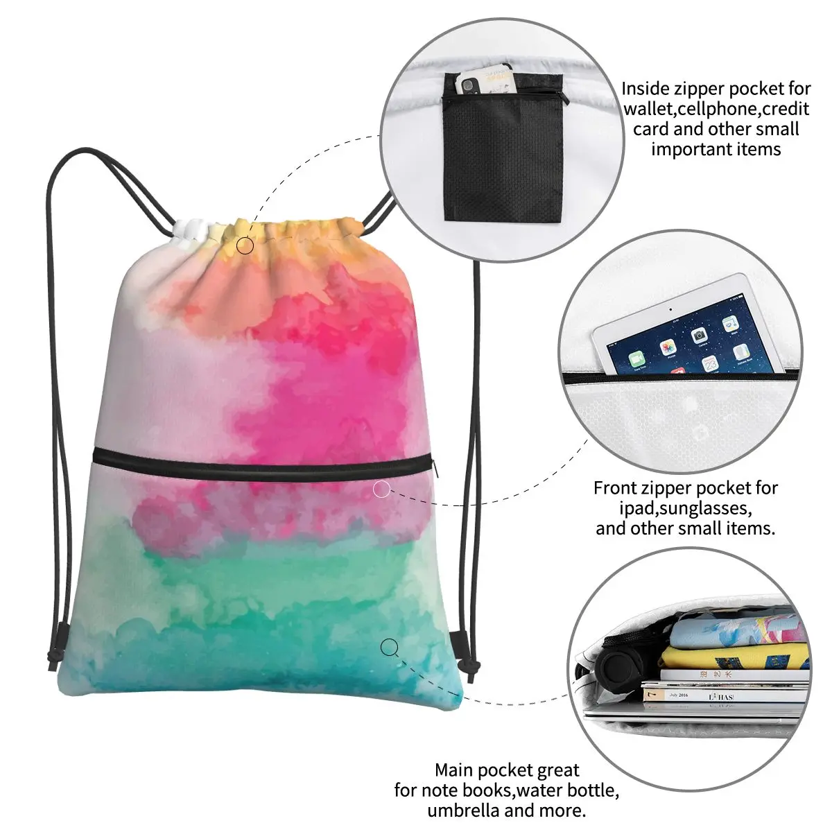 Aquarell Regenbogen Mischung tragbare Rucksäcke Kordel zug Tasche Multifunktions-Kordel zug Bündel Tasche Bücher taschen für Schüler