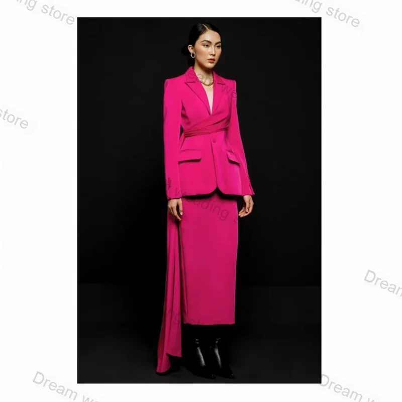 Hot Pink Office Women Suits Skirt Set 2 Piece Blazer With Belt+Prom Dress Formal Wedding Tuxedo Tailored Jacket Coat Customize