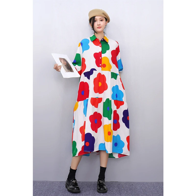 

Niche Design Sense 2025 Spring Summer New Women's Printed Dresses Loose Large Flower Shirt Dress Fashion Robes Vestido De Mujer