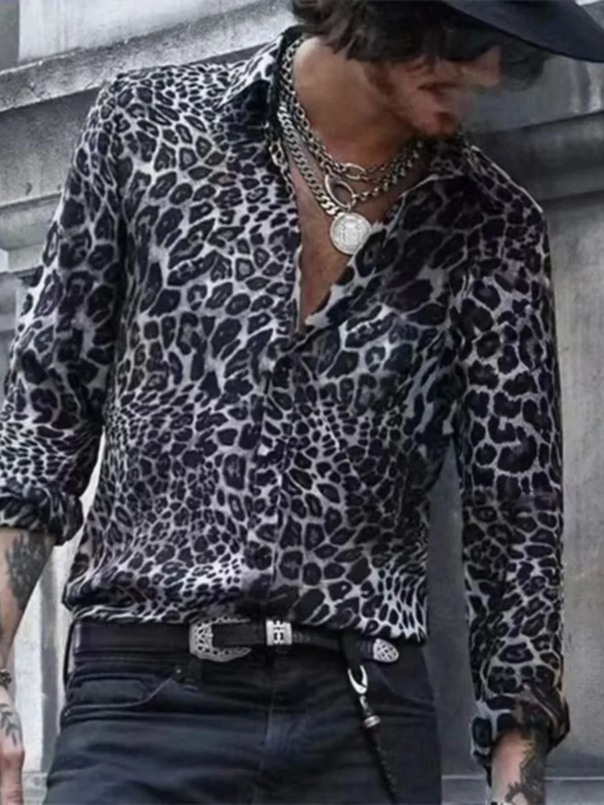 

Long Sve Leopard Print Collar irt Youth Faion Breathable Stand Fit European Simple Sle for Daily Wear Autumn Season