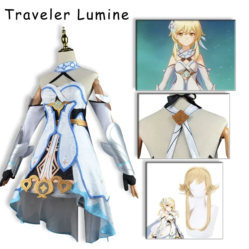 

Genshin Impact Traveler Lumine Cosplay Costume Uniform Wig Halloween Dress for Women Sets Anime Carnival Suit 2022 New