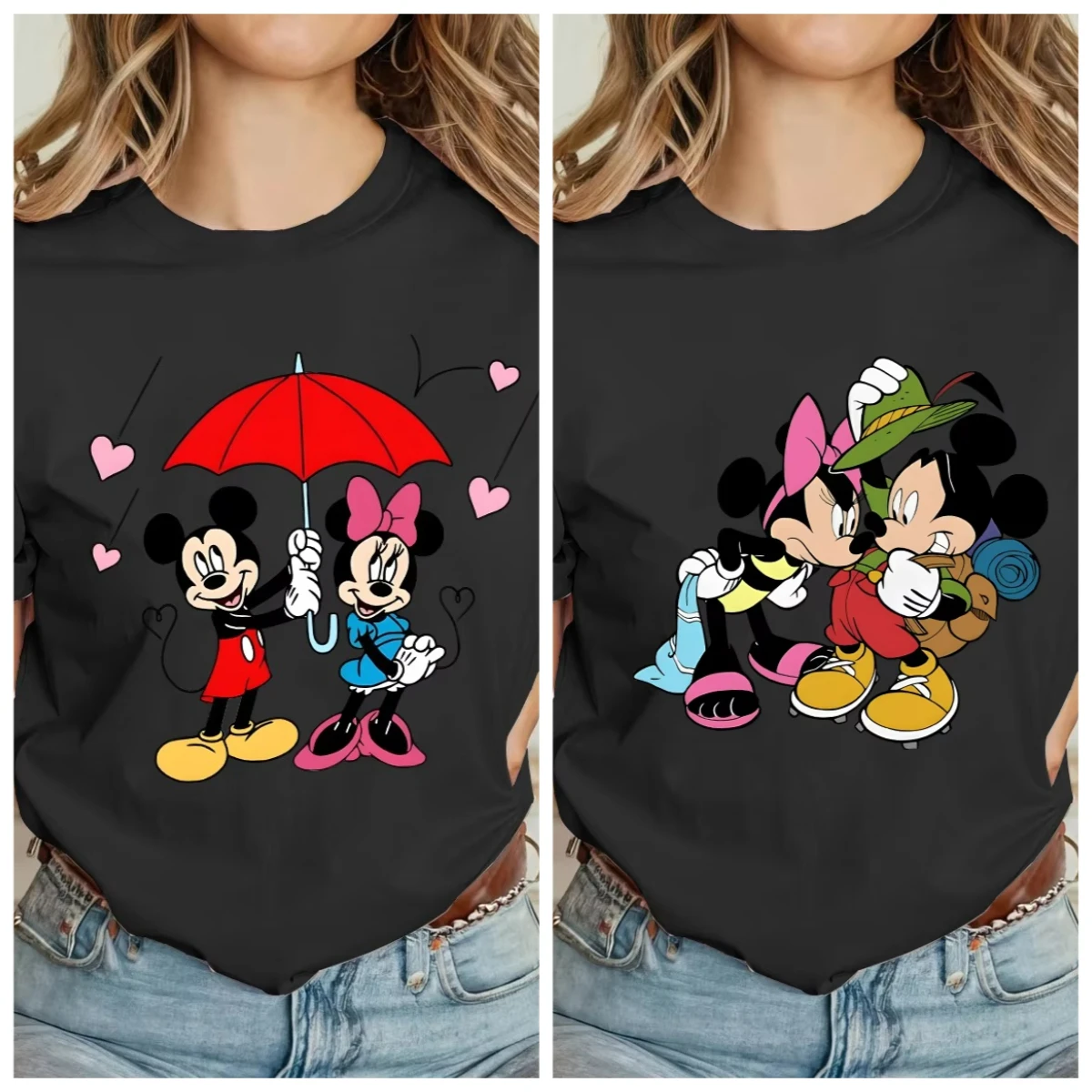 

Disney Trendy Casual Mickey Minnie Print Cute Short-sleeved T-shirt Casual Fashion Elegant Top Family Party Camping