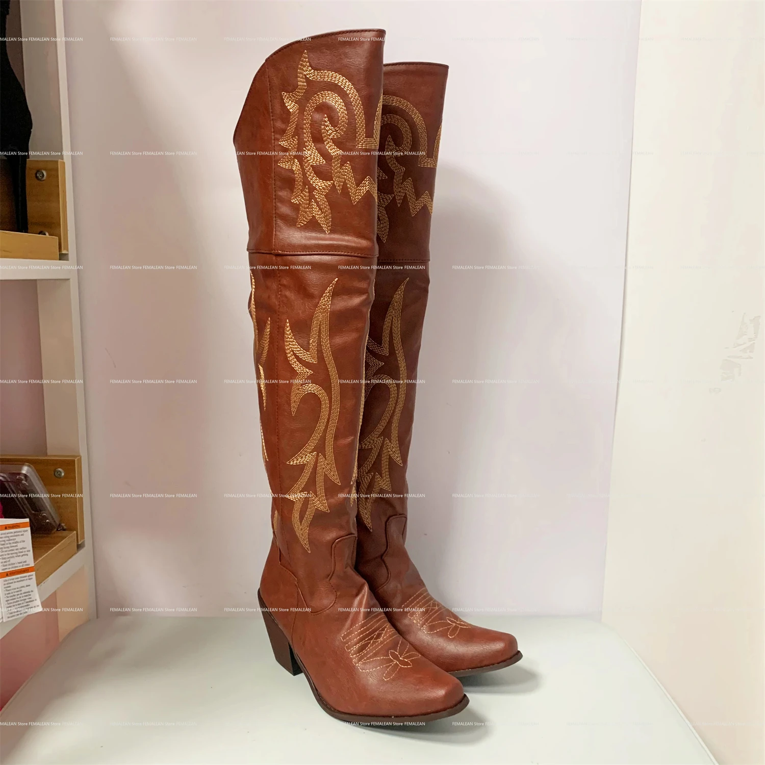 FEMALEAN 2023 High Long Over The Knee Pointed Toe Spring Western Cowboy Country Texana Boots Women Shoes On Offer