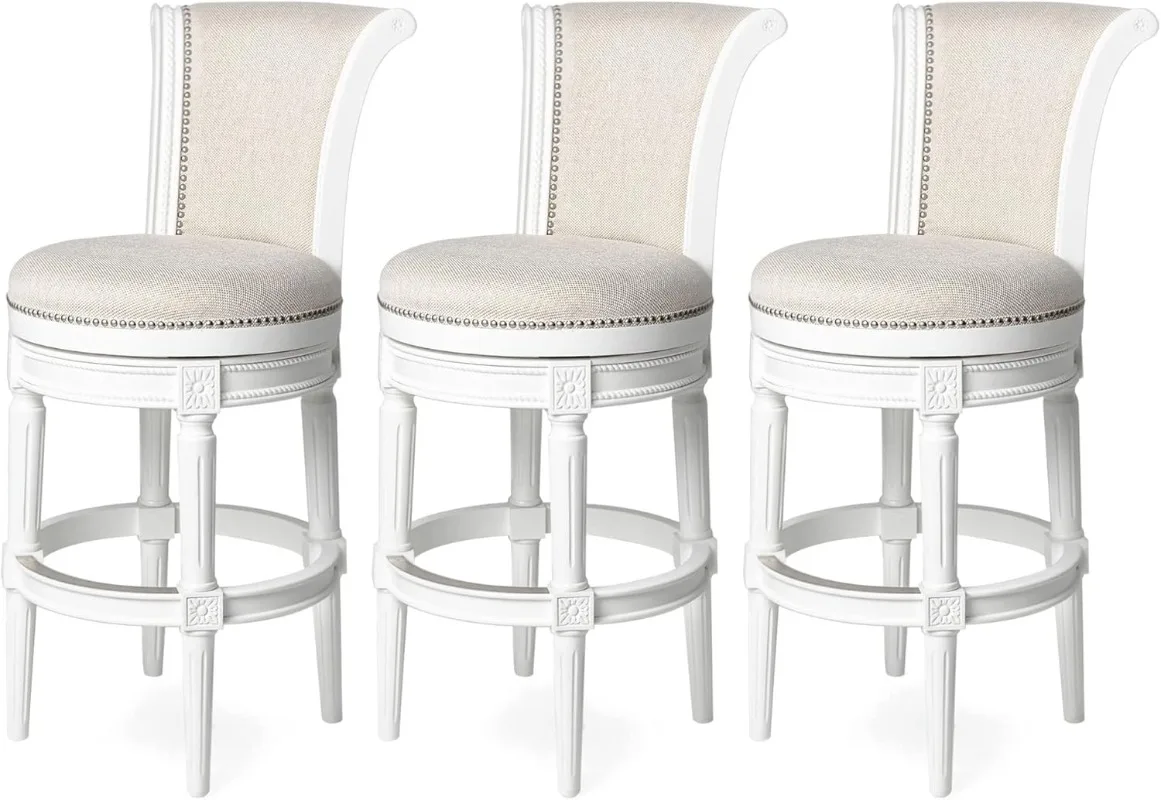 

Pullman 31 Inch Tall Bar Height Upholstered Barstool with Back in Alabaster White Finish with Cream Fabric Cushion Seat Set of 3