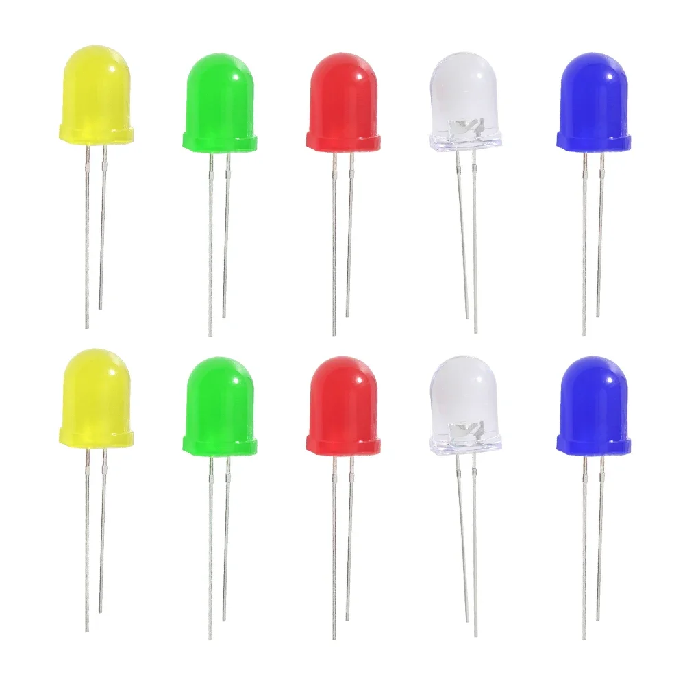 50pcs 8mm/10mm LED Diodes 1.8-3.2V Assorted Kit White Green Red Blue Yellow Super Bright Active Light Emitting Diode Electronics