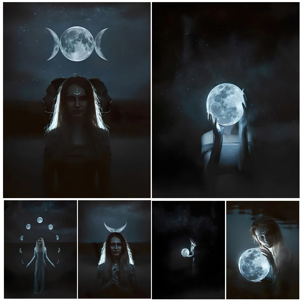 

The Moon Witch In The Dark Vintage Wall Art Canvas Painting Moon Phase Witchcraft&Wicca Art Poster Print Home Decor Unframed