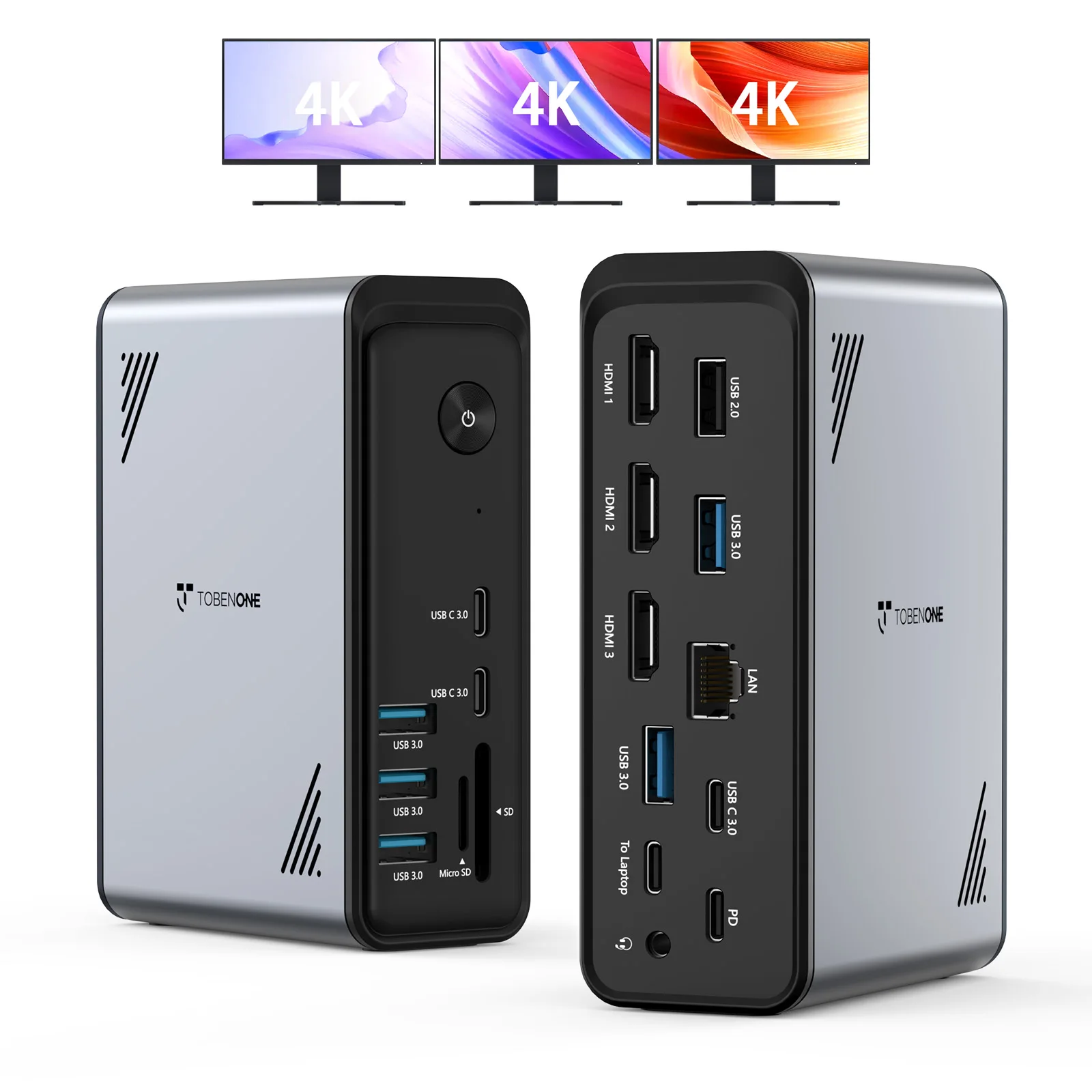 TobenONE 노트북 도킹 스테이션 트리플 4K 디스플레이 3개의 HDMI 포트 윈도우/델/레노버/HP/씽크패드 노트북용