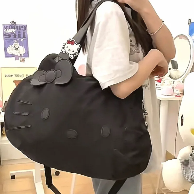 Sanrio Hello Kitty Black Tote Bag Cartoon KT Short Trip Travel Handbag Large Capacity Crossbody Bag Women Big Gym Bag