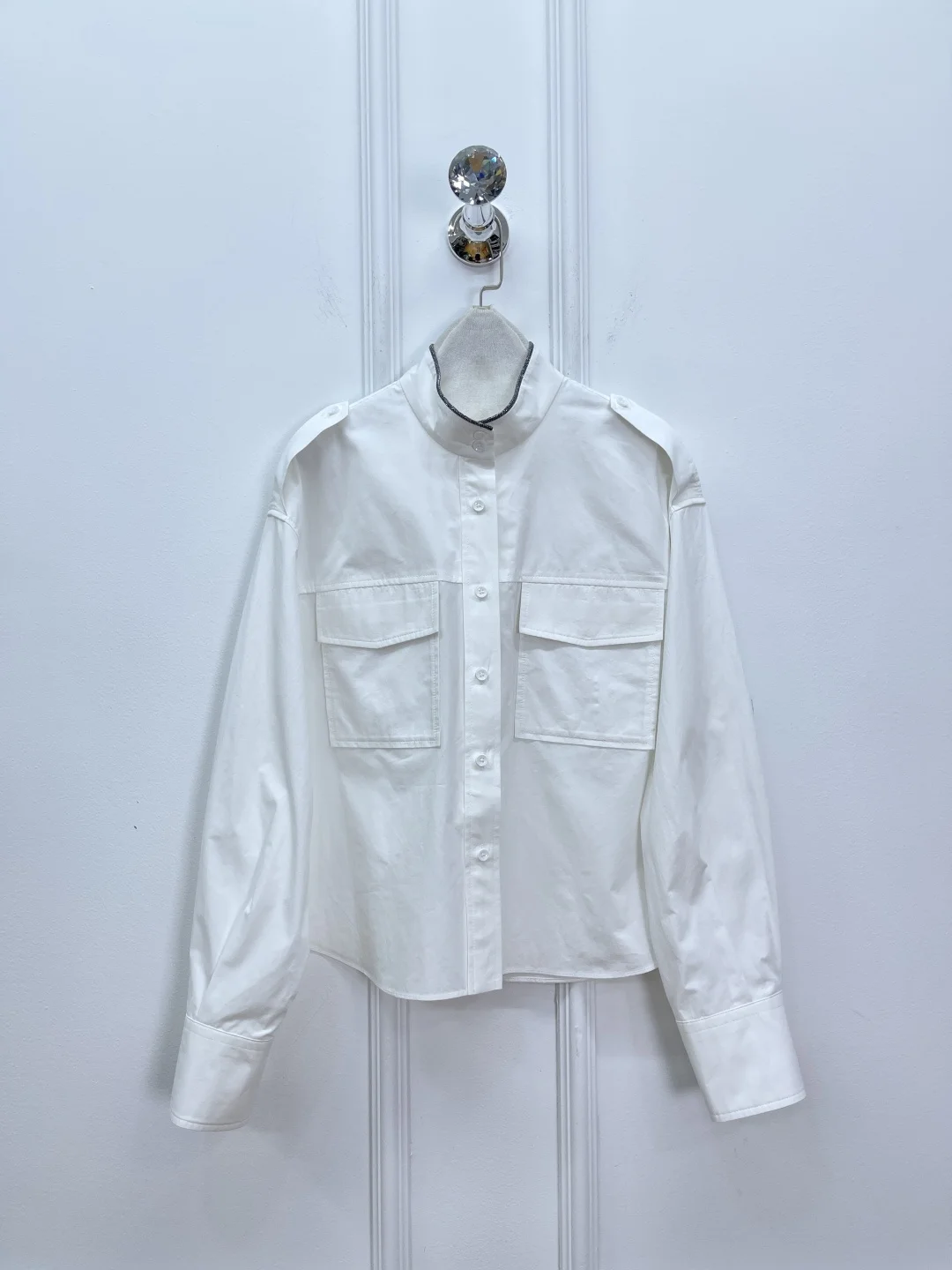

Women 100% Cotton Blouse Top Beaded Chain Stand Collar Long Sleeve Single Breasted Solid Color Fashion Female Shirt