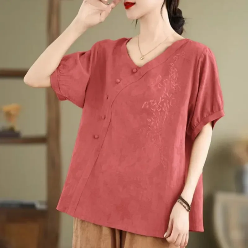 

Women's Chinese Style Linen Blouse V Neck Embroidery Asymmetrical Button Short Sleeve Loose Casual Shirt for Summer