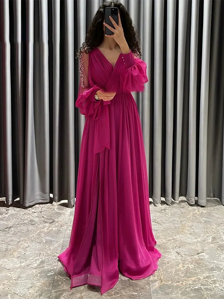 1Banquet Trailer Dress A-line V-neck Flare Sleeve Long Sleeve Trailer Dress for Banquet Party Vacation Ball