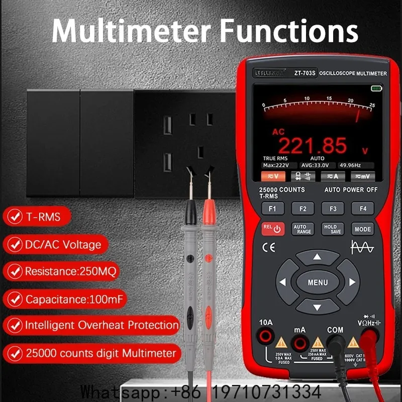 ZT-703S 3-in-1 Oscilloscope Multimeter with 3.5 Inch IPS Display,25000 Counts, Dual Channel 50MHZ Bandwidth,280MSa/s High