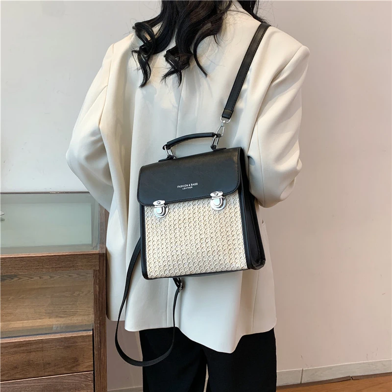 PU and Straw Fashion Backpack High Quality Simple Versatile Shoulder and Crossbody Bags for Women 2024 Designer New Style Summer