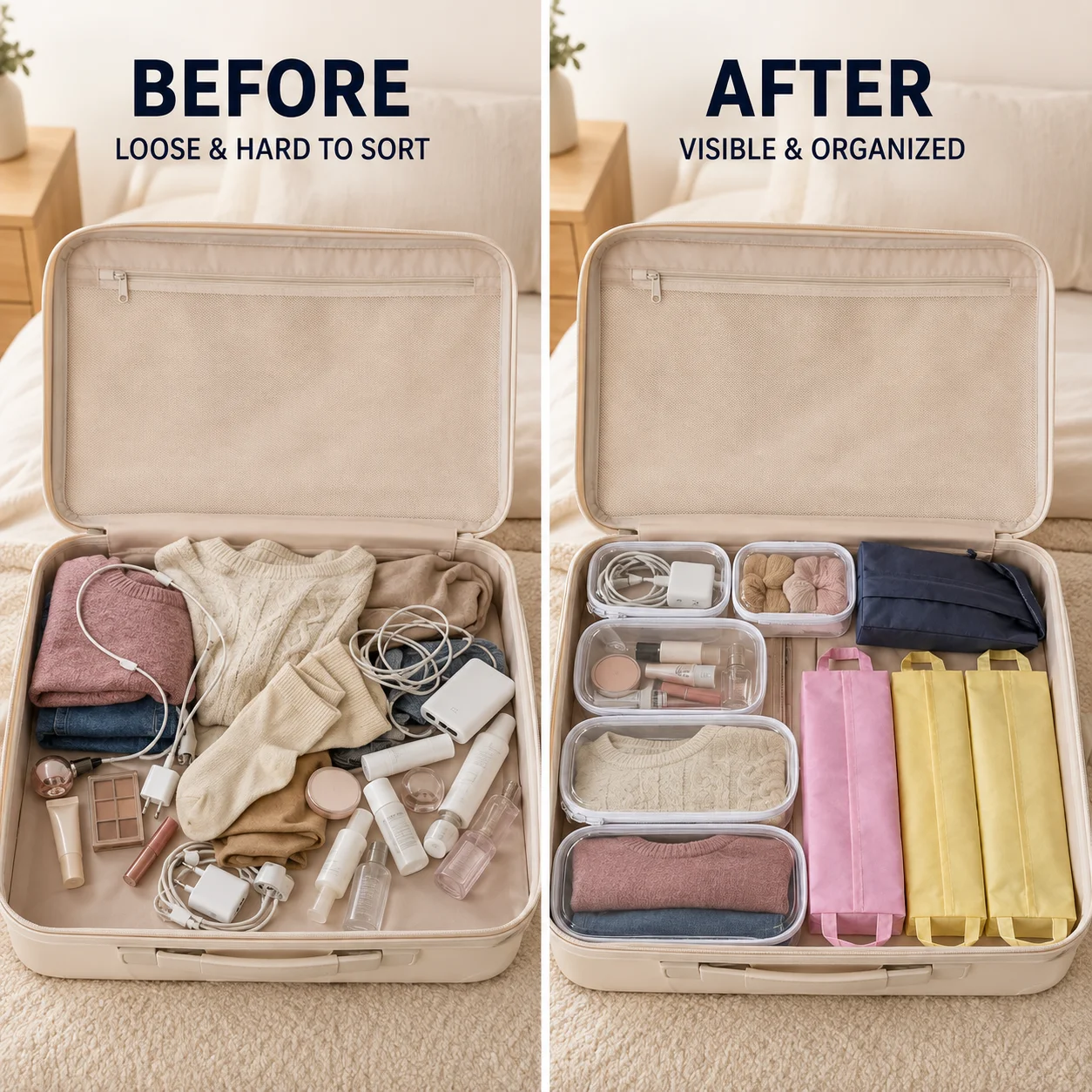 11-Piece Travel Storage Organizer Set, 6 Clear Zipper Pouches + 5 Fabric Storage Bags, Portable Packing Organizers for Clothes, Cosmetics, Toiletries, Luggage, Closet & Home Organization