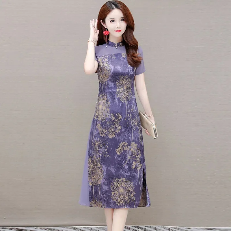 Improved Cheongsam Summer 2022 New High-End Purple Short-Sleeved Floral College Entrance Examination Small Mother Dress