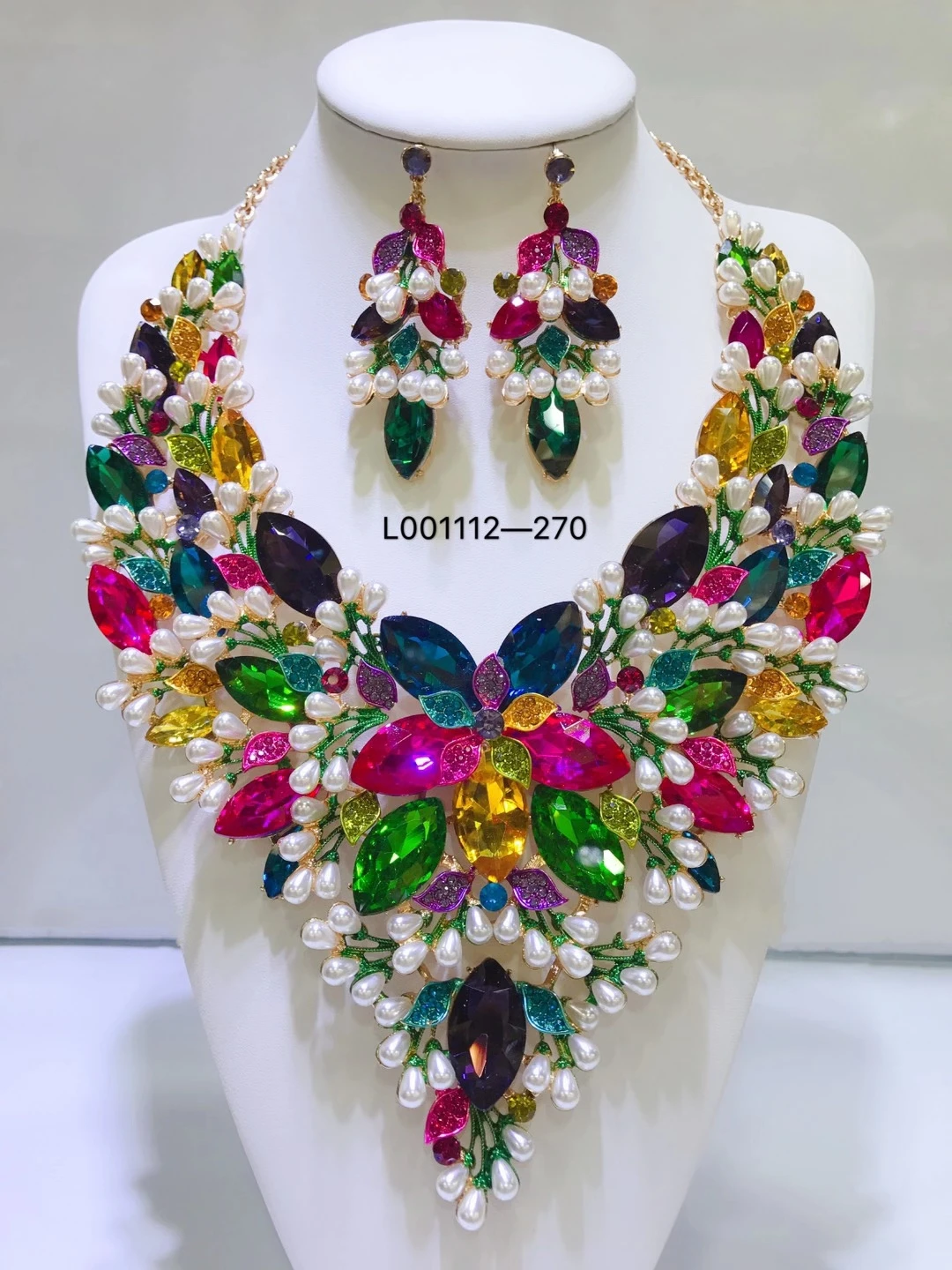 Ensemble de bijoux de luxe en cristal, couleur or de dubaï pour femmes, collier multicolore, boucles d'oreilles, bijoux de mariée de mariage