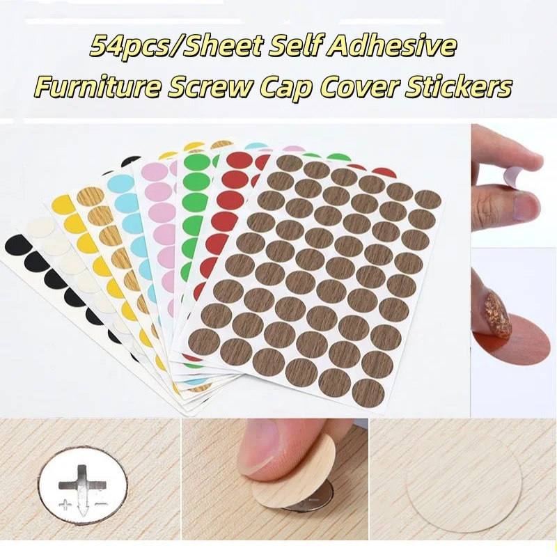 54pcs/set Self Adhesive Furniture Screw Cap Cover Stickers Dustproof Stickers for Home Wood Craft Desk Cabinet Decorative Decals