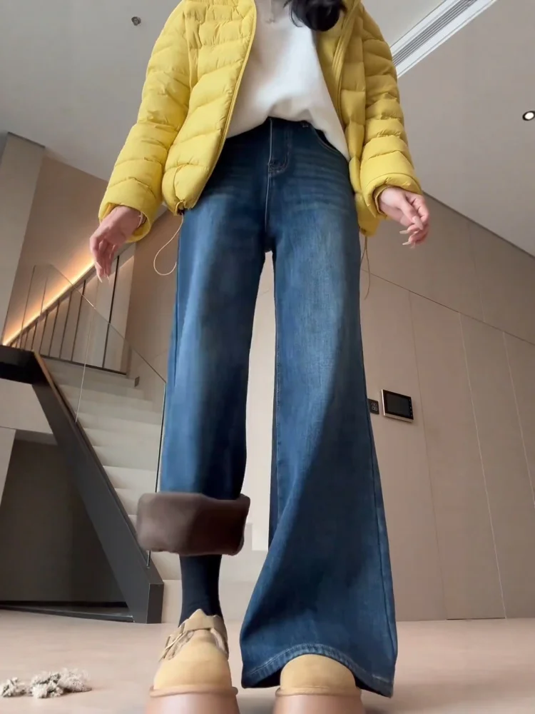 Plus Size Fce Gevoerde Bootcut Jeans Dames Herfst Winter Losse Hoge Taille Afslanken Thi Wijde Pijpen Broek Amerikaanse Sle Rela...