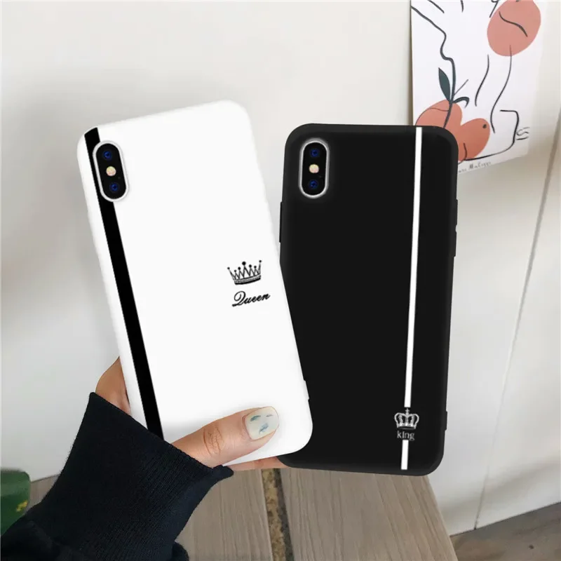 King Queen Lovers Couple Phone Case for IPhone 15 14 12 13 11 Pro Max X XR XS MAX 7 8 14Plus SE20 Black White Silicon Soft Cover