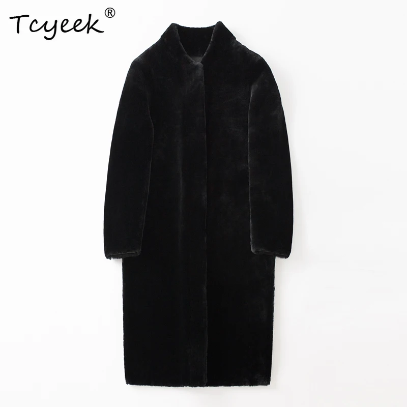 Tcyeek Prawdziwa Wełna Jesień Zima Ekskluzywny Modny Futro Zintegrowane Jednolity Kolor Średniej Długości Damski Wełniany Płaszcz Futrzany Fourrures Femme