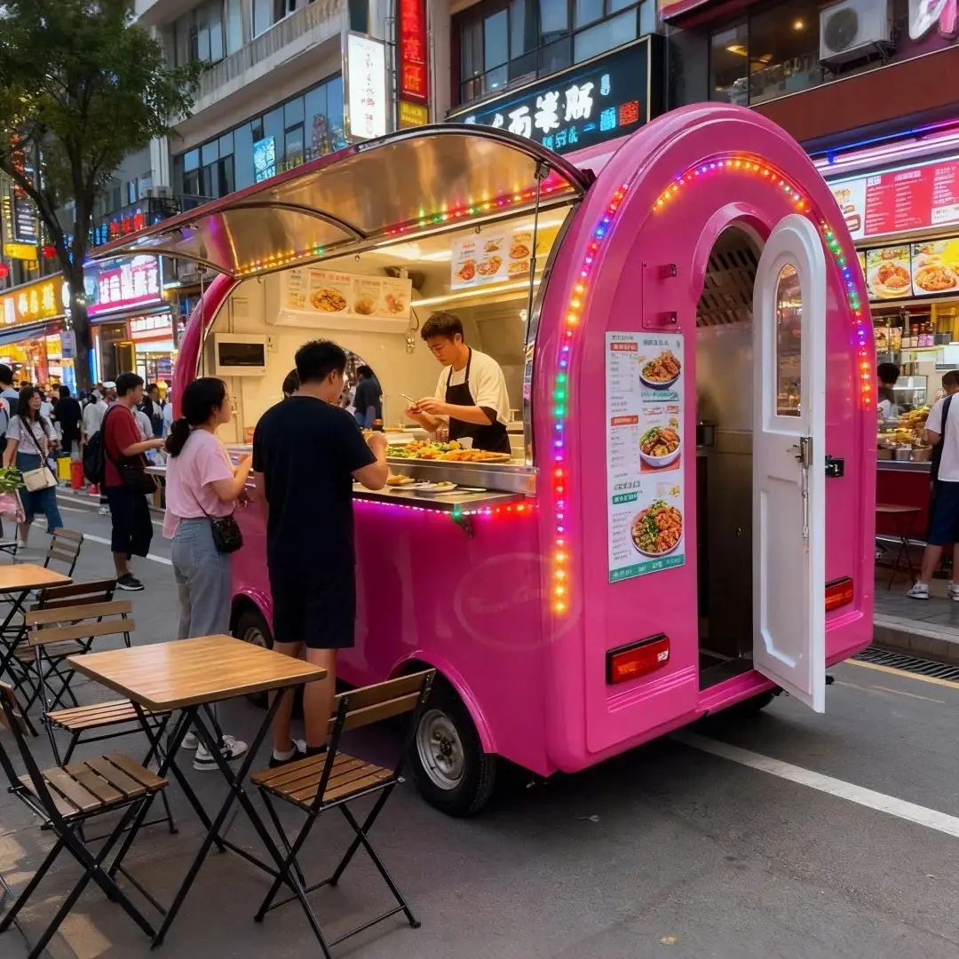 

Outdoor Food Trailer Pink And Beige Color Scheme Fresh Eye-Catching Design Mobile Kitchen Stand Catering Business Solution