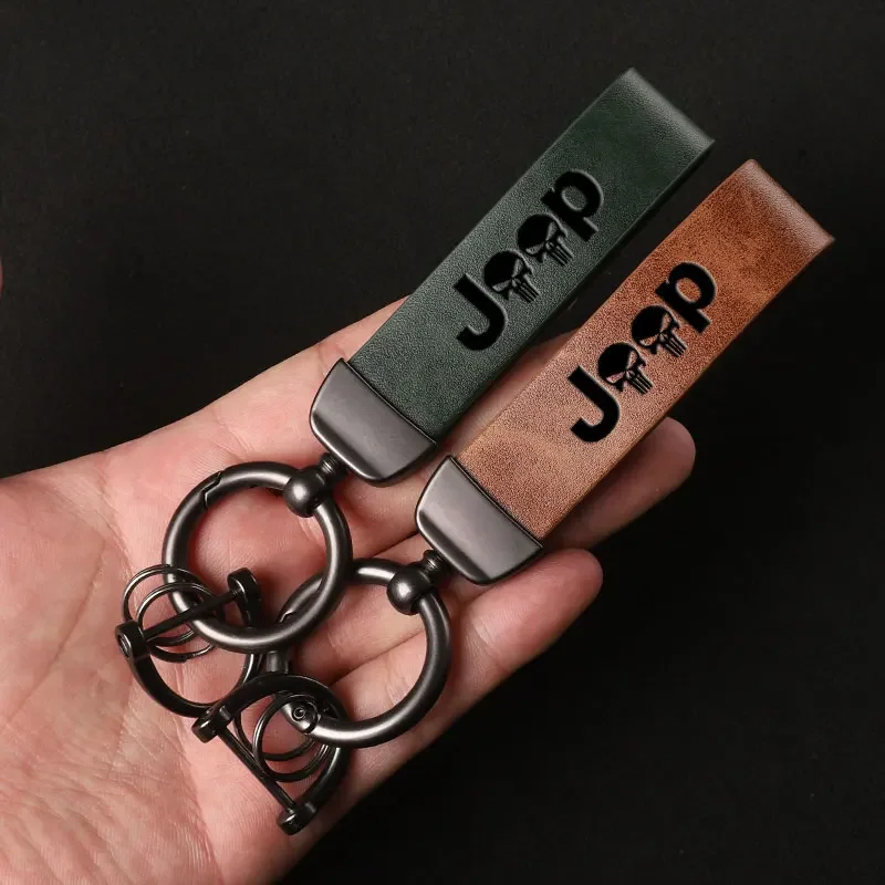 For Jeep Renegade Wrangler JK JL Grand Cherokee Compass Patriot Journey Charger Luxury Genuine Leather Keychain Car Key Ring