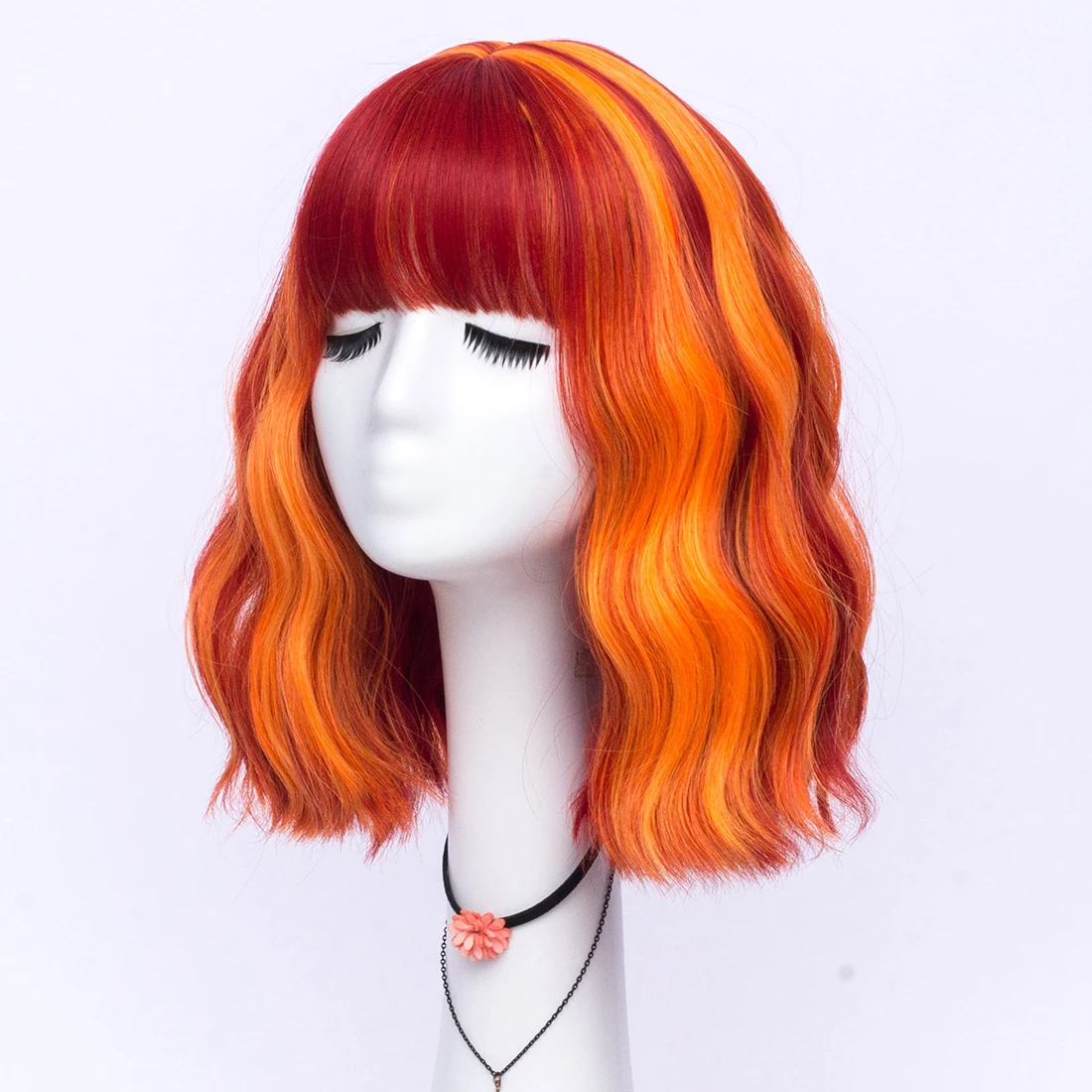 MSIWIGS 짧은 웨이브 옴브레 오렌지 합성 가발(여성용 앞머리 포함) 할로윈 코스프레 및 캐주얼 글램 룩을 위한 내열성