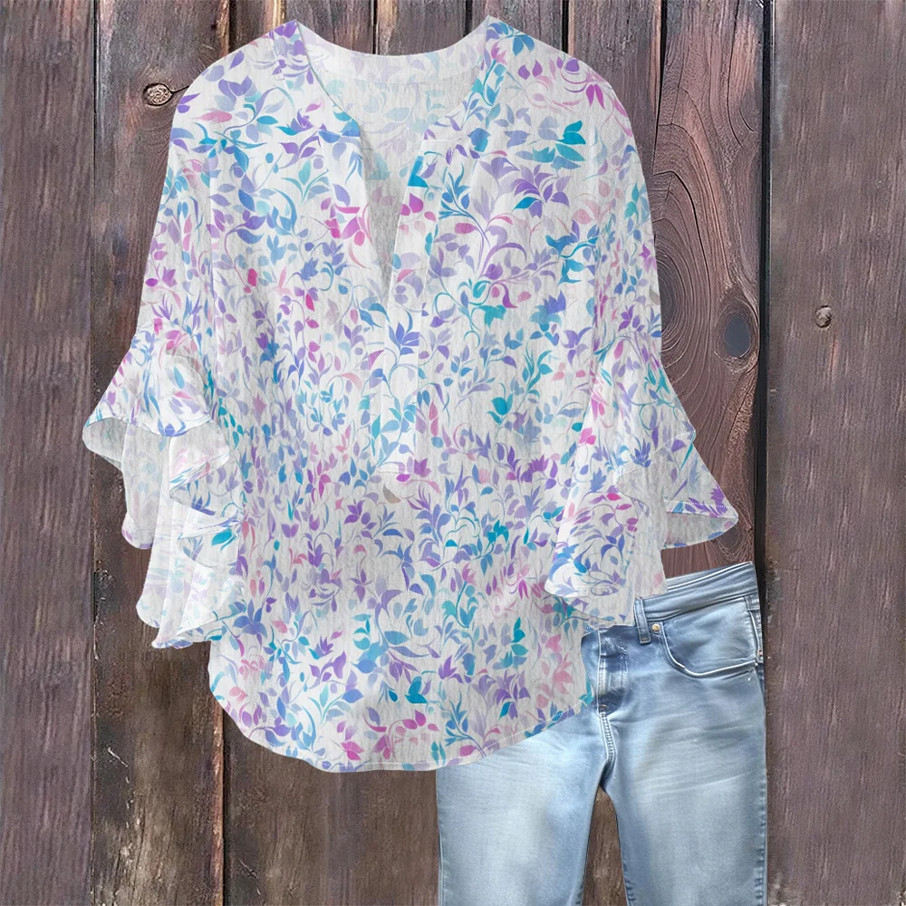 

Women's Bohemian V-Neck Blouse with Blue Purple Leaf Print Summer Flowy Multi-Layer Ruffled Sleeves Loose Fit Casual Chiffon Top