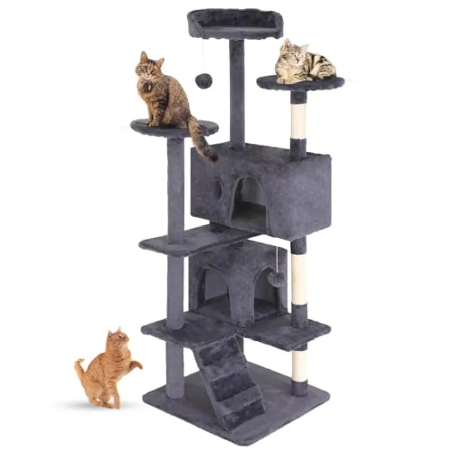 

54" Cat Tree Tower Ashy Multi-Level Indoor Activity Center with Sisal Scratching Posts Condos Plush Perches Hanging Cat Toys St